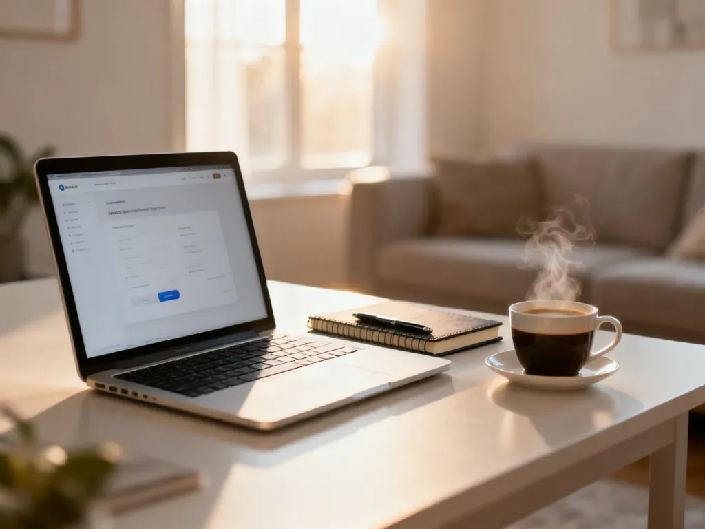 Nowoczesne stanowisko pracy z laptopem, na którym wyświetlony jest portal internetowy, gotowe do rejestracji online.
