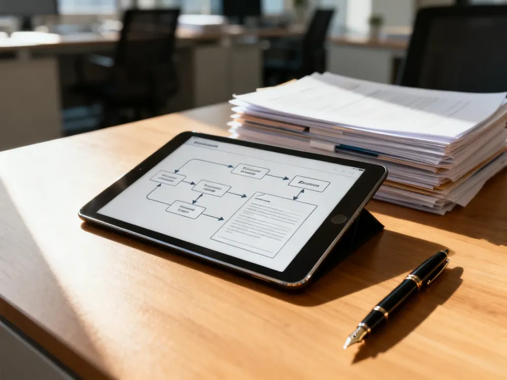 Tablet z diagramem obiegu dokumentów oraz uporządkowane akta na biurku, symbolizujące nowoczesne zarządzanie firmą.