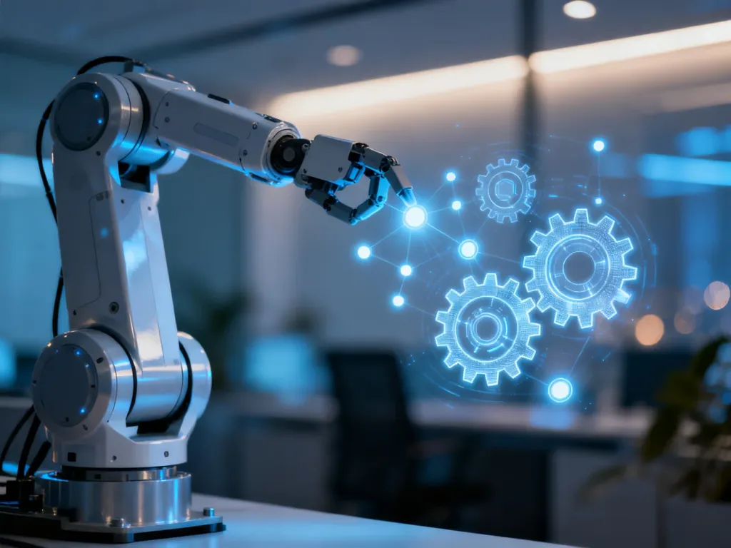 Zrobotyzowane ramię w nowoczesnym biurze, symbolizujące automatyzację procesów i zwiększanie efektywności pracy.