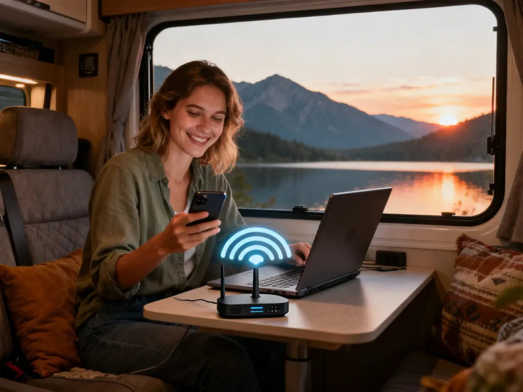 Kobieta w kamperze korzysta z telefonu i laptopa z pełnym zasięgiem, obok przenośny router Wi‑Fi, w tle góry i jezioro