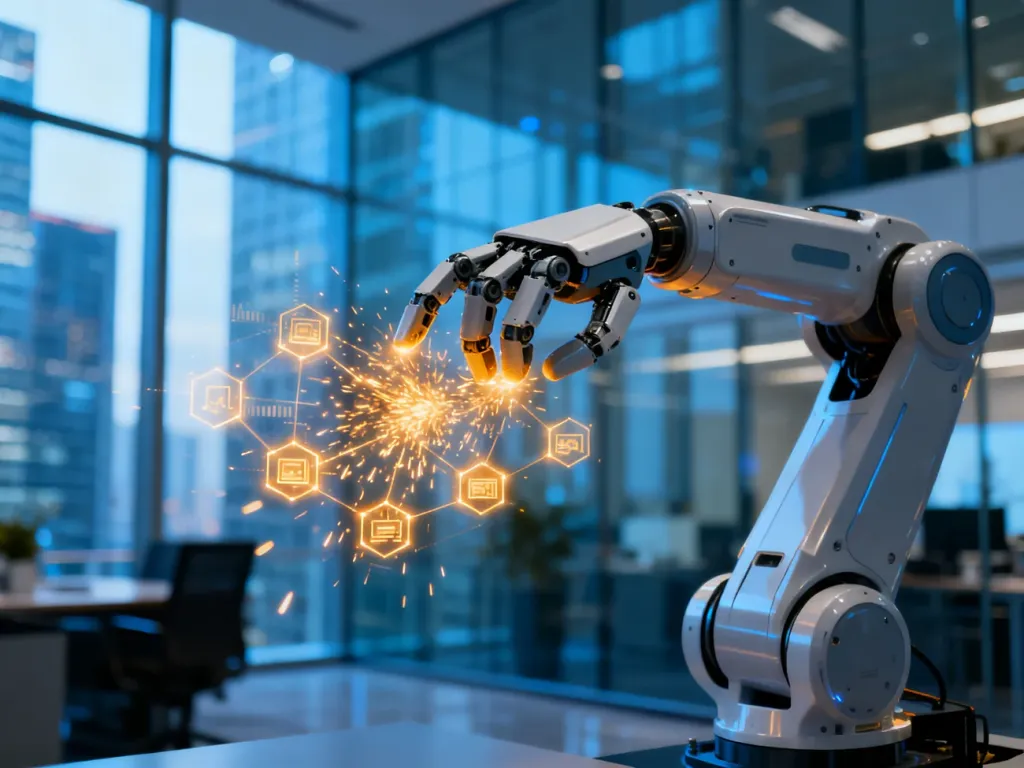 Nowoczesne ramię robotyczne współpracujące z cyfrowymi węzłami danych, symbolizujące automatyzację procesów biznesowych.