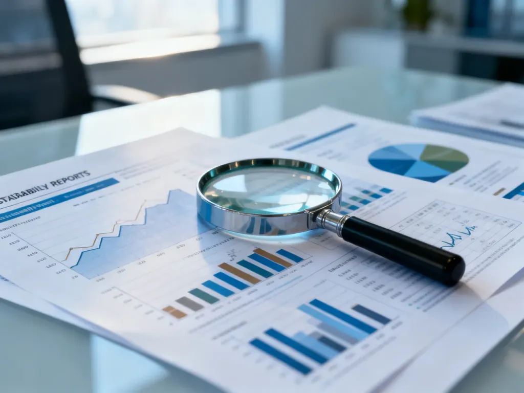 Lupa leżąca na wykresach finansowych i raportach ESG, symbolizująca profesjonalną analizę i weryfikację danych zrównoważonego rozwoju.