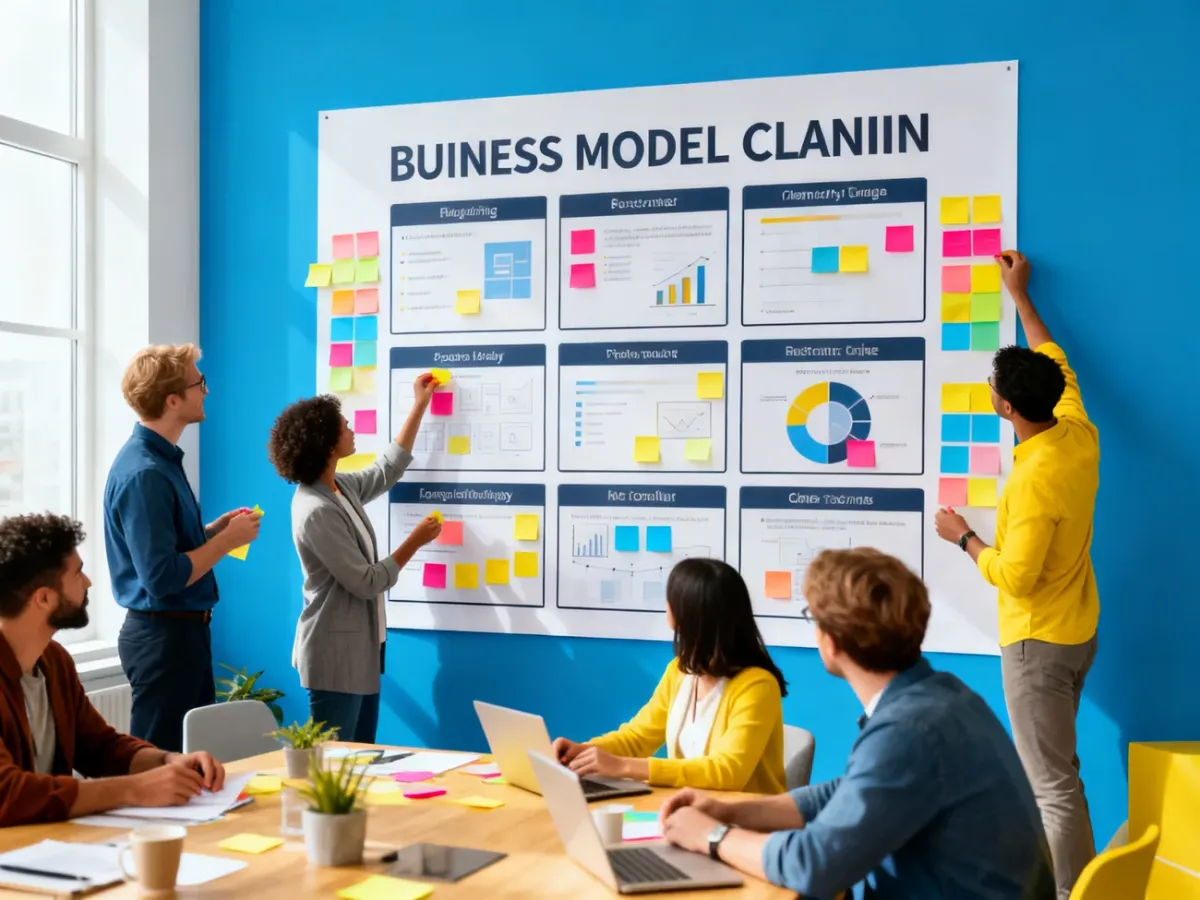 Zespół przedsiębiorców pracujący nad planszą Business Model Canvas