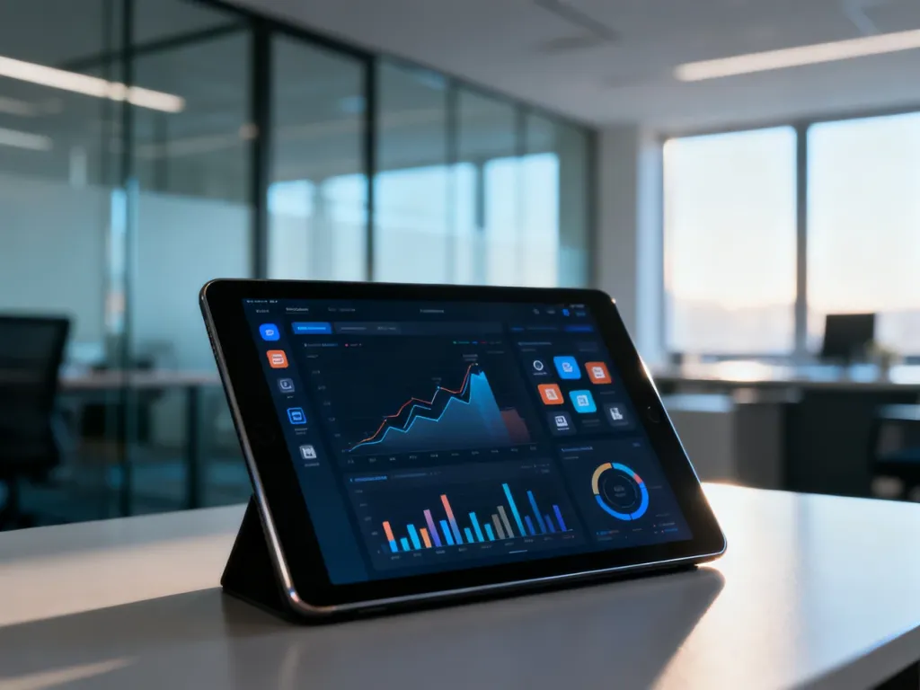Tablet z wykresami danych i ikonami oprogramowania w nowoczesnym biurze, symbolizujący cyfryzację procesów w firmie.