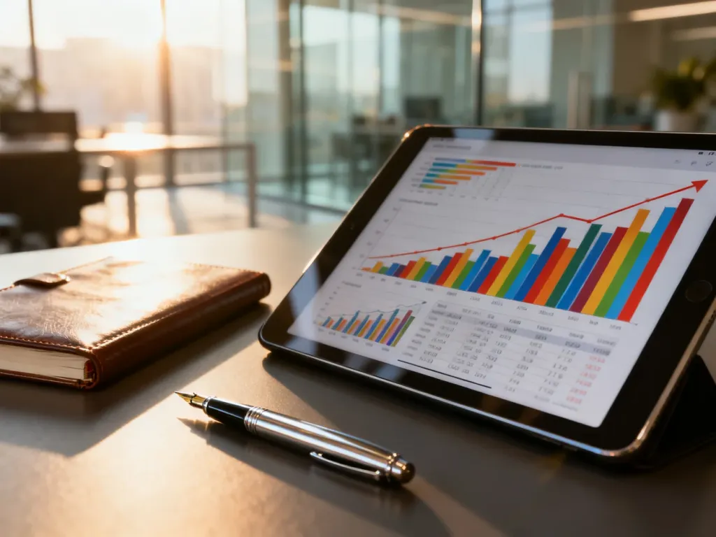 Tablet z wykresami finansowymi oraz notatnik na biurku, symbolizujące profesjonalną analizę kosztów operacyjnych.
