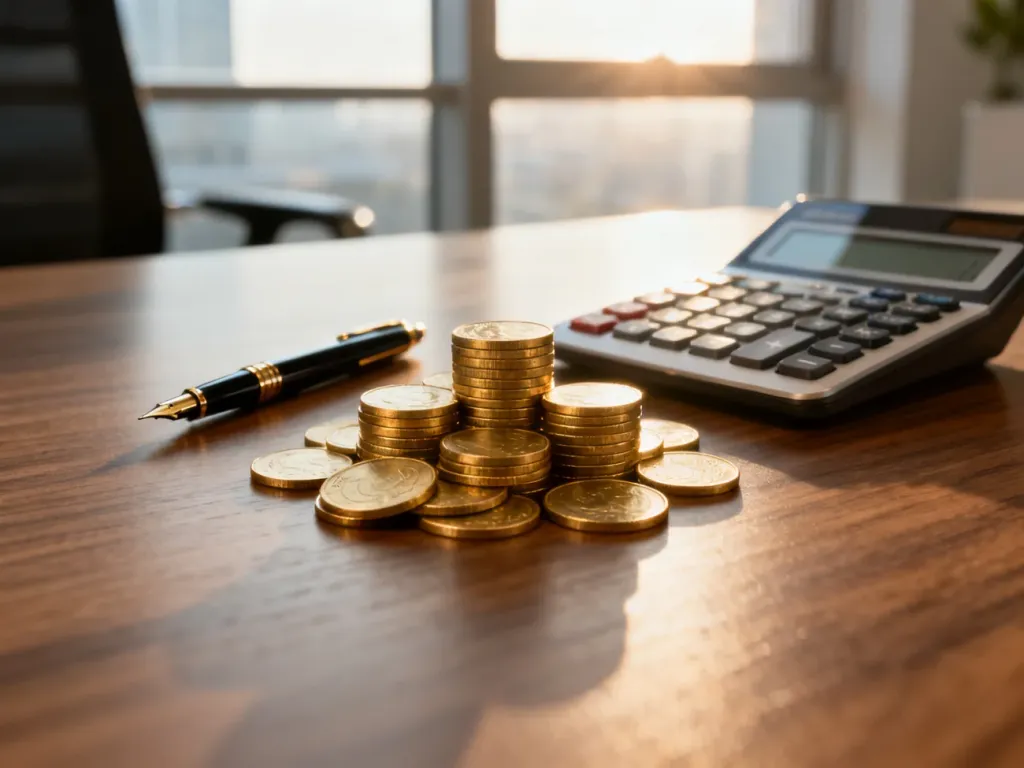 Stos na biurku z monetami, kalkulatorem i piórem, symbolizujący profesjonalne zarządzanie finansami firmy.