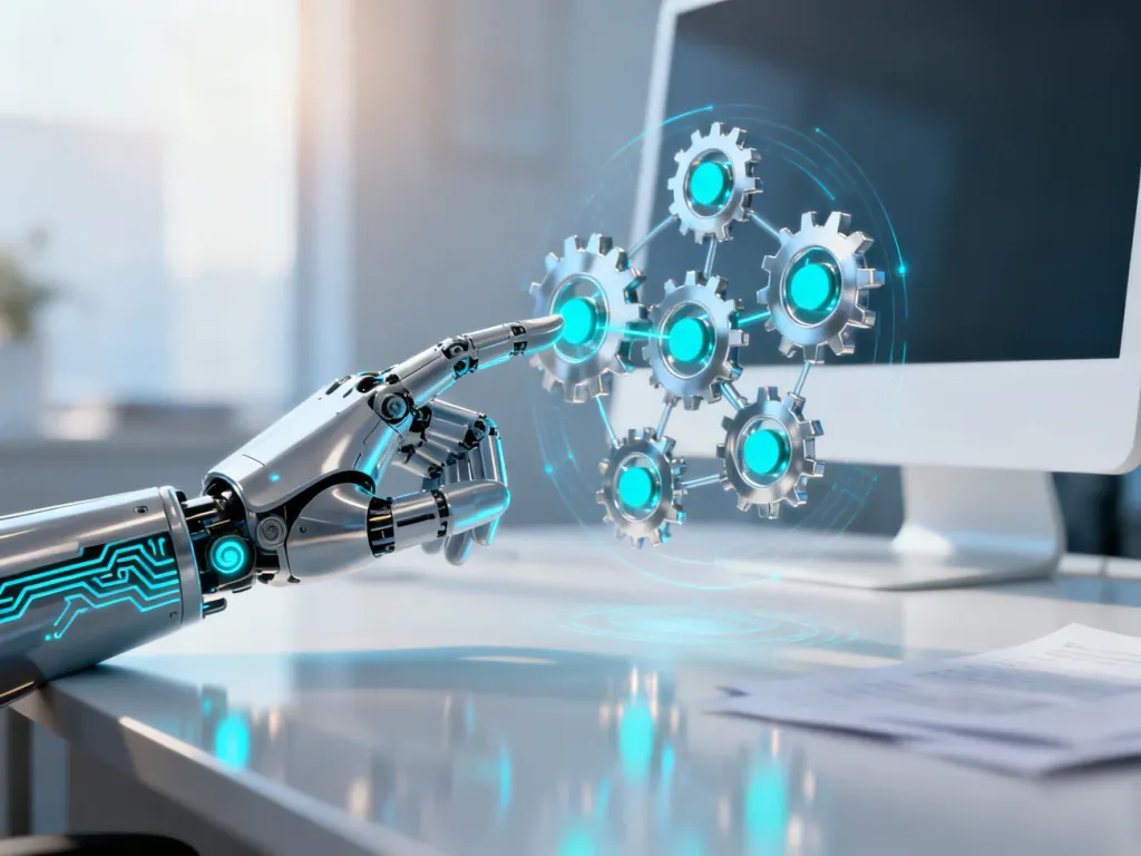 Zrobotyzowana dłoń sterująca cyfrowym schematem przepływu pracy, symbolizująca automatyzację procesów biznesowych.
