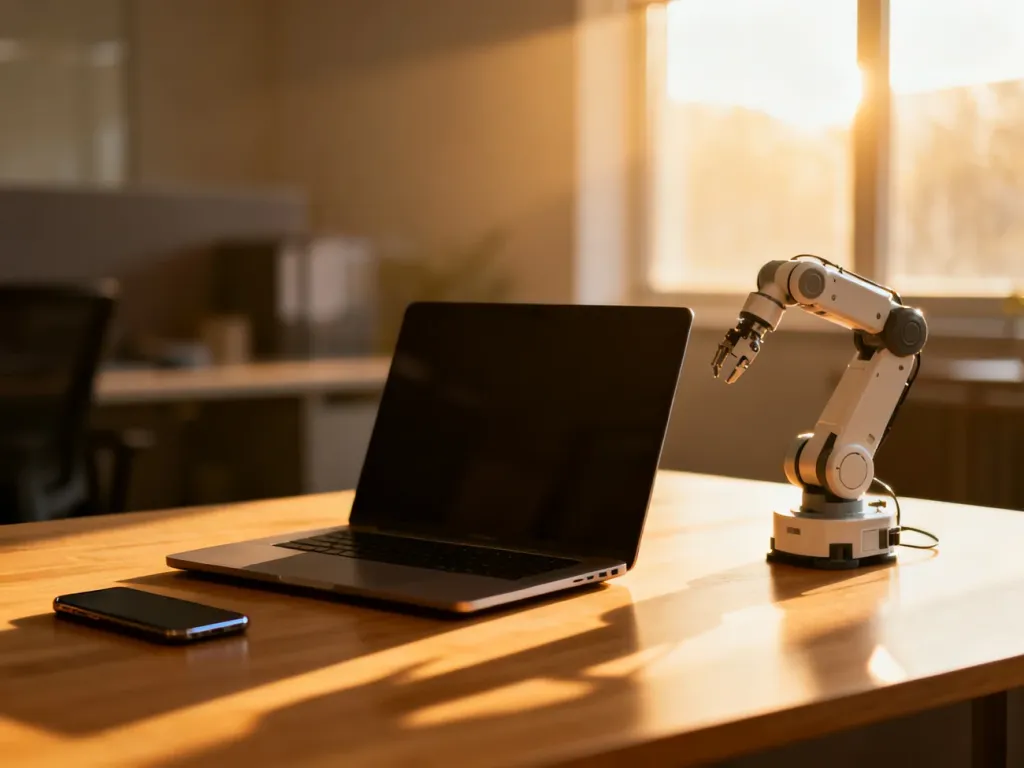 Nowoczesne biurko z laptopem i ramieniem robotycznym, symbolizujące automatyzację pracy w małej firmie.