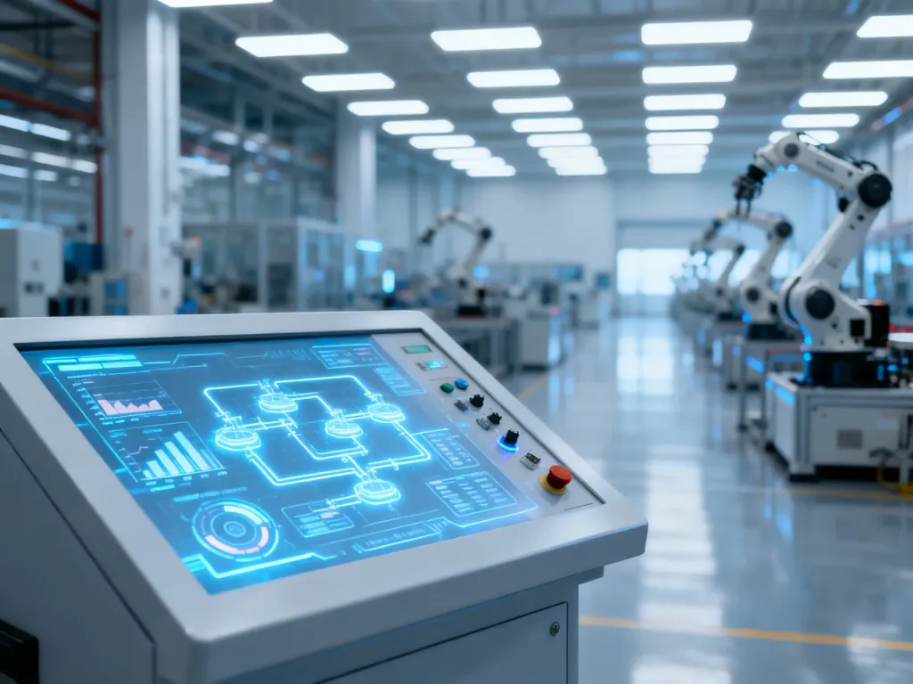 Nowoczesny panel sterowania z cyfrowymi wykresami produkcji w tle zautomatyzowanej hali fabrycznej.