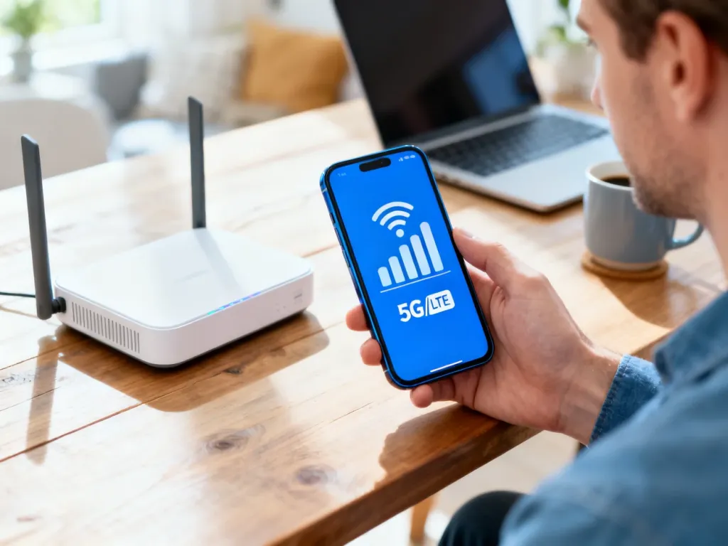 Smartfon z mocnym sygnałem 5G obok przenośnego routera na stole, symbolizujący domowy internet mobilny bez limitu, no text on the picture