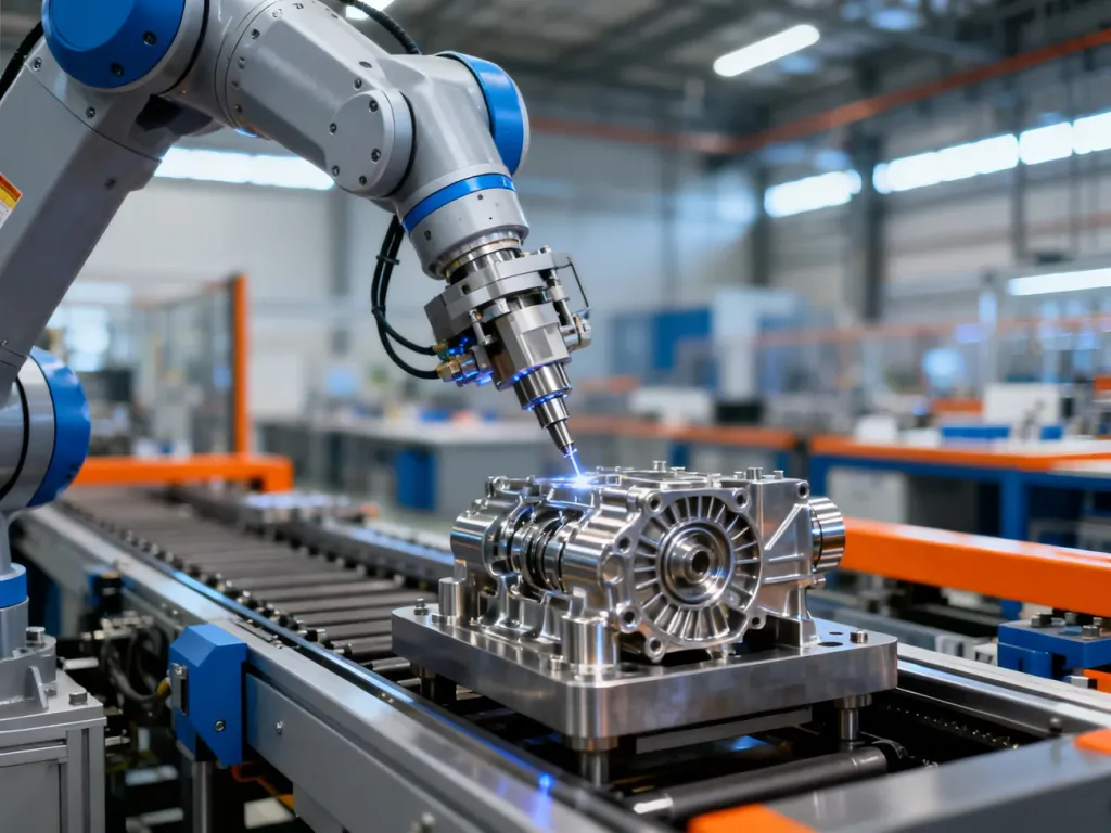 Zautomatyzowana linia produkcyjna z robotycznym ramieniem precyzyjnie montującym metalowe komponenty w nowoczesnej fabryce.