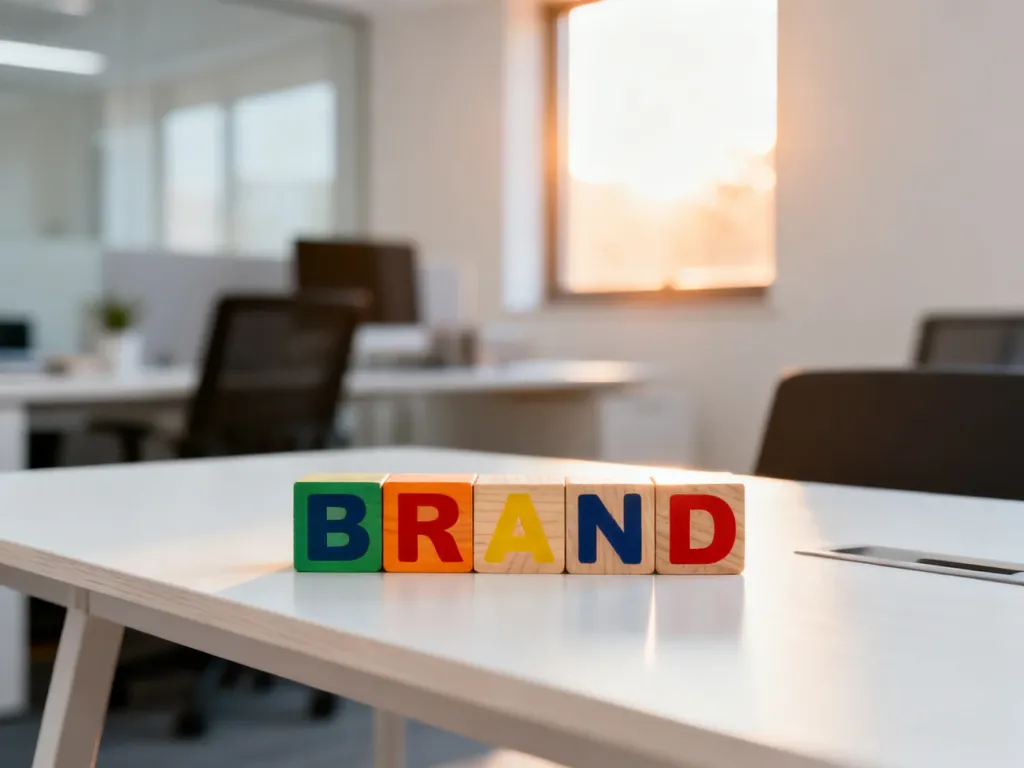 Kolorowe klocki z literami układające się w słowo „BRAND” na biurku, symbolizujące proces tworzenia marki.