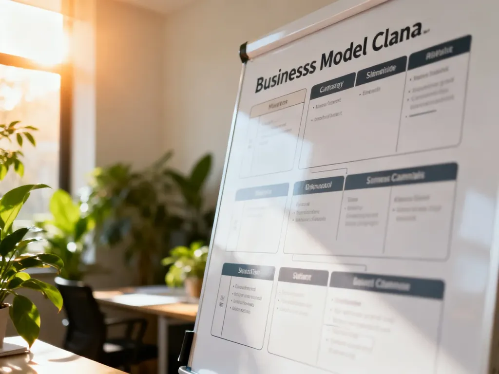 Pusta tablica z szablonem Business Model Canvas w nowoczesnym, słonecznym biurze, gotowa do planowania strategii firmy.