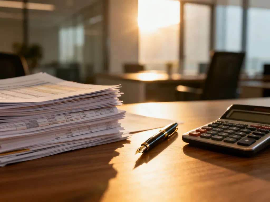 Uporządkowane dokumenty finansowe, kalkulator i pióro na biurku, symbolizujące profesjonalne rozliczanie kosztów operacyjnych.