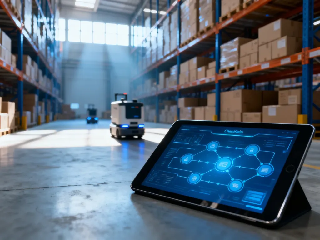 Tablet z cyfrowym schematem łańcucha dostaw na tle nowoczesnego, zautomatyzowanego magazynu logistycznego.