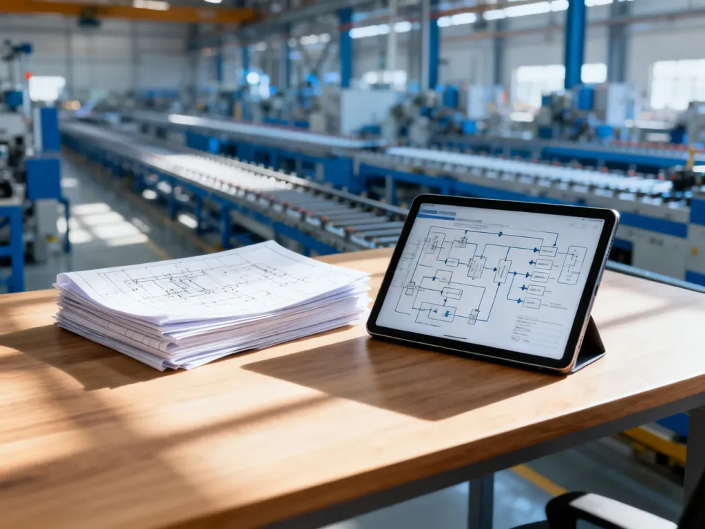 Minimalistyczne biurko z planami technicznymi i tabletem z diagramem procesów na tle nowoczesnej hali produkcyjnej.