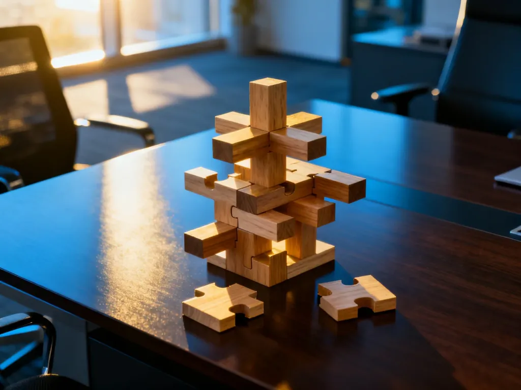 Drewniane puzzle z brakującymi elementami na biurku, symbolizujące ryzyko i wyzwania w zarządzaniu projektem.