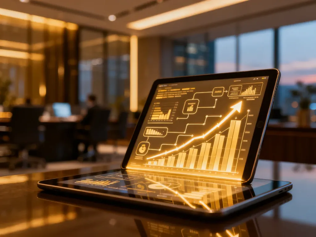 Nowoczesny tablet z wykresami finansowymi na tle biura, ilustrujący procesy zarządzania płynnością w firmie.