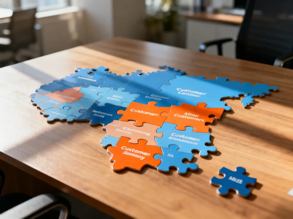 Układanie kolorowych puzzli w kształcie mapy na biurku, symbolizujące proces segmentacji rynku klientów.