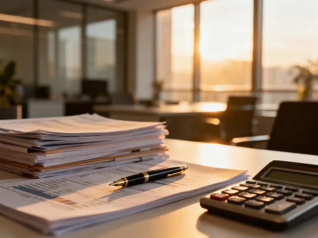 Profesjonalne biurko z dokumentami finansowymi, kalkulatorem i piórem, symbolizujące przygotowanie do kontroli ZUS.