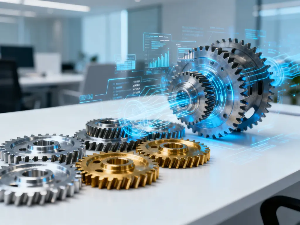 Precyzyjny mechanizm zębaty z cyfrowymi danymi, symbolizujący optymalizację procesów przemysłowych i technologicznych.