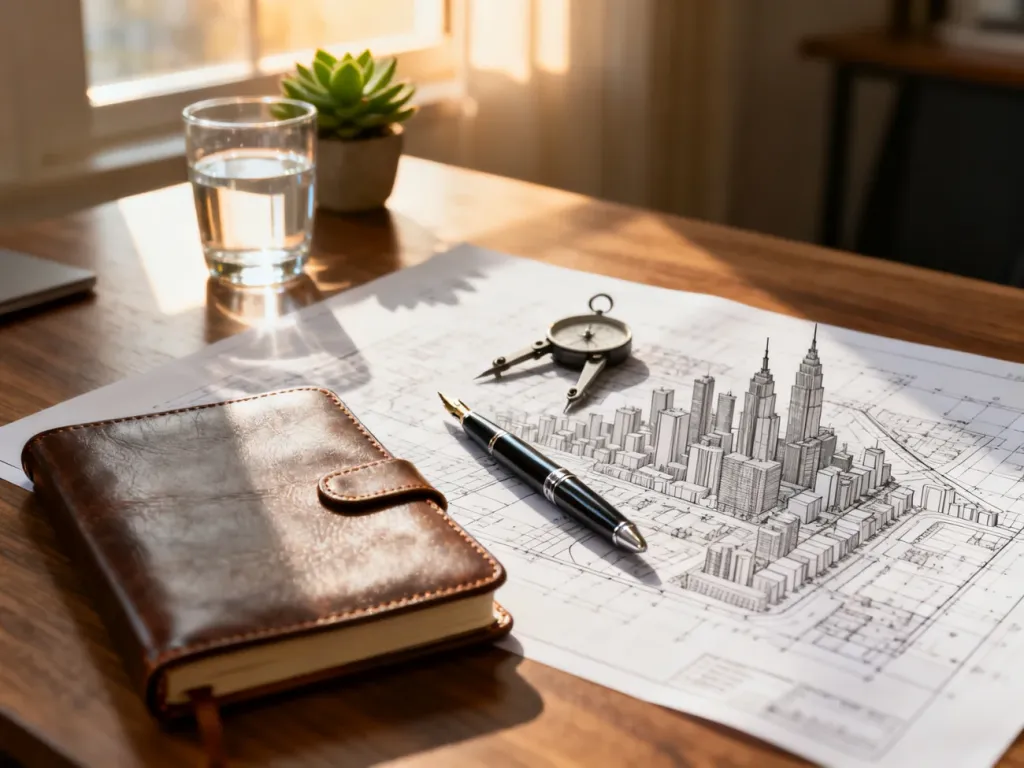 Notatnik, pióro i plan architektoniczny na biurku, symbolizujące profesjonalne planowanie strategii rozwoju firmy.