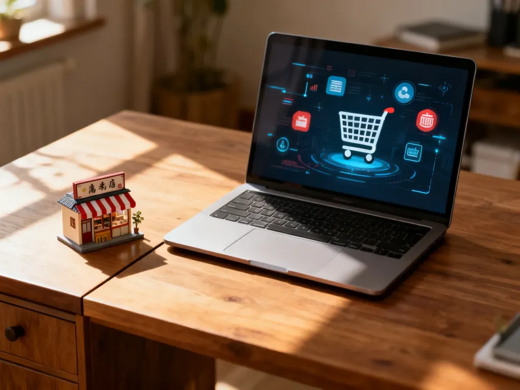 Drewniane biurko podzielone na część z modelem sklepu stacjonarnego oraz laptopem z ikonami e-commerce.