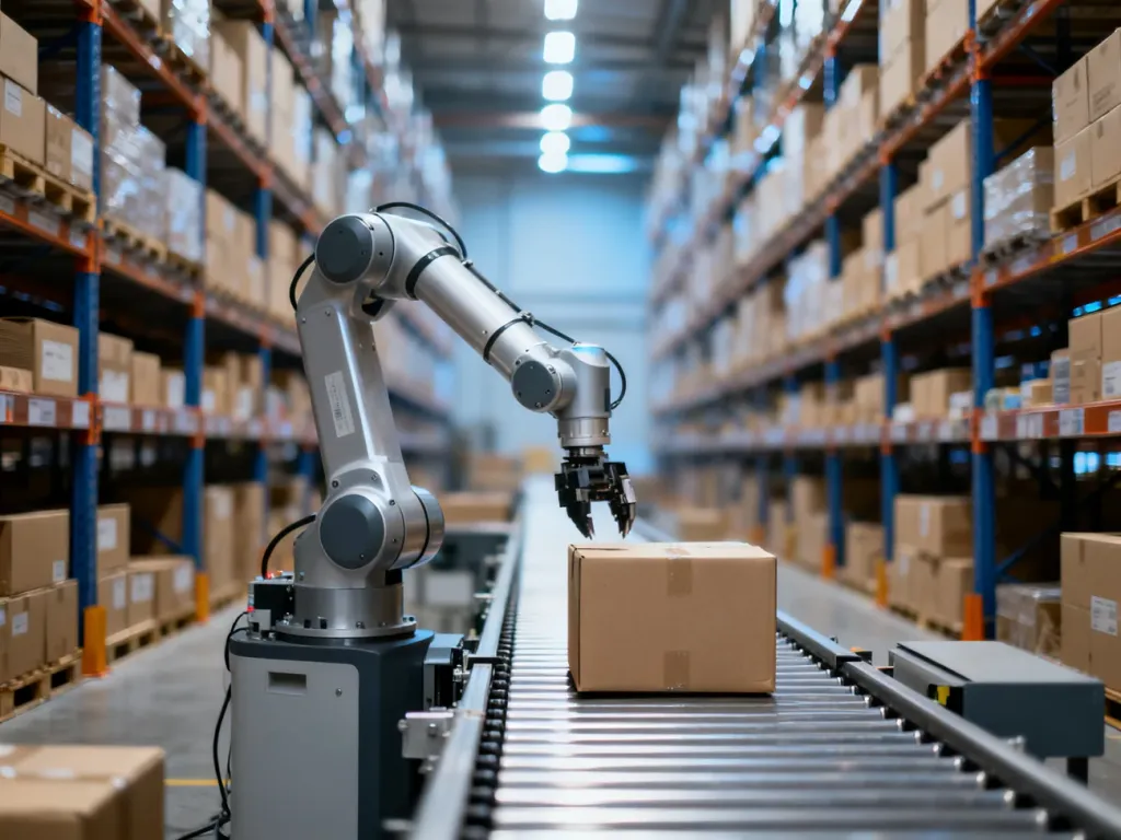 Zautomatyzowane ramię robotyczne sortujące paczki w nowoczesnym, dobrze zorganizowanym magazynie logistycznym.