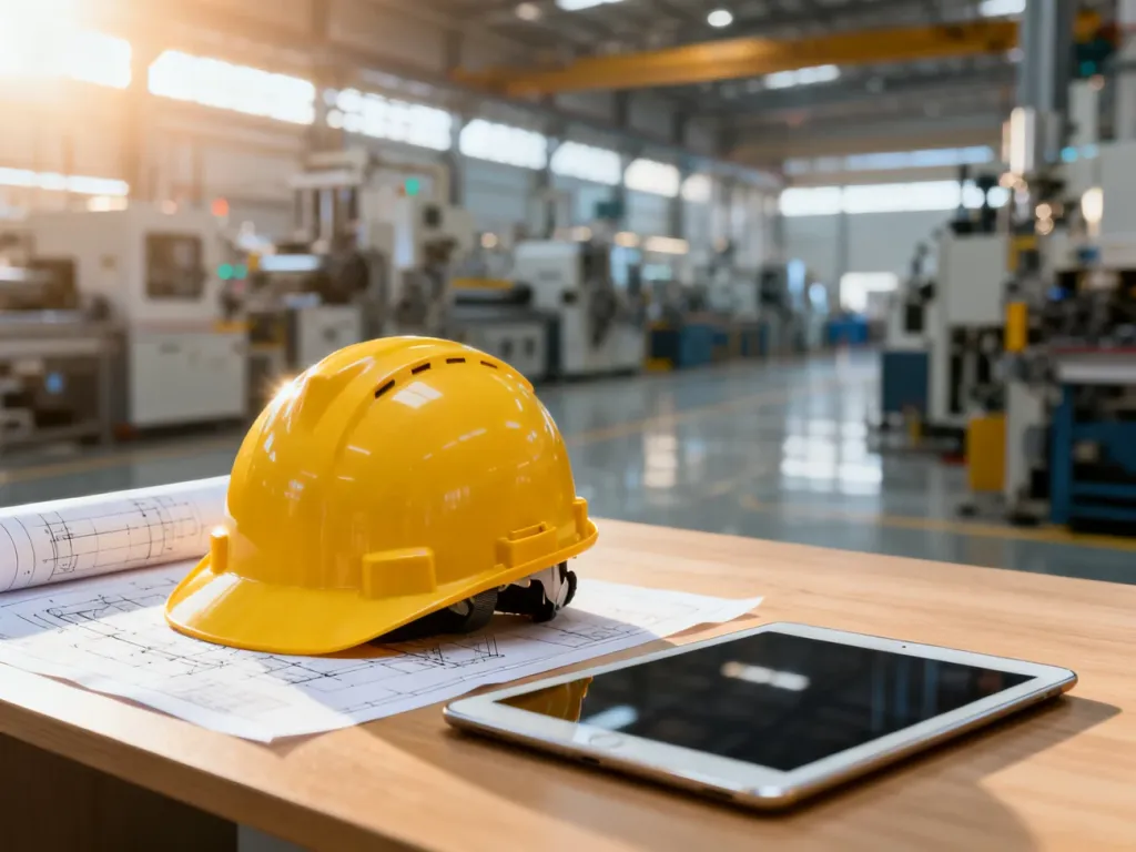Żółty kask ochronny, plan budowy i tablet na biurku w nowoczesnej hali produkcyjnej, symbolizujące zasady BHP w pracy.