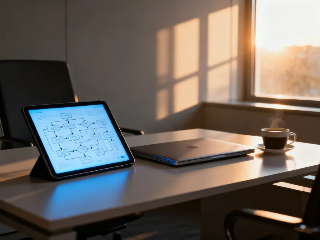 Tablet z wyświetlonym schematem procesu na biurku w nowoczesnym biurze, symbolizujący zarządzanie przepływem pracy.